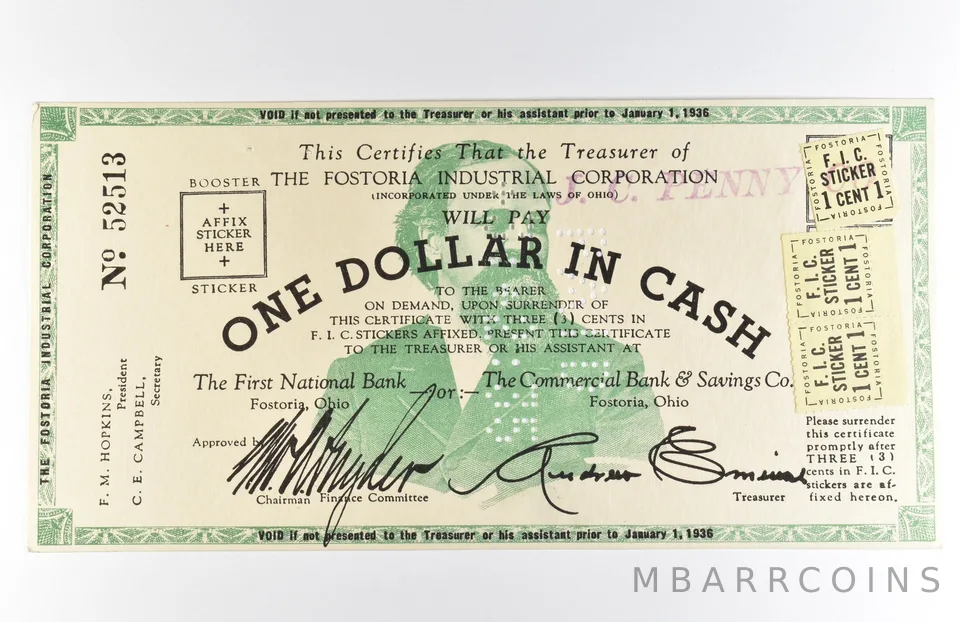 1936 $1 Fostoria OH Industrial Corporation Obsolete Note *8579