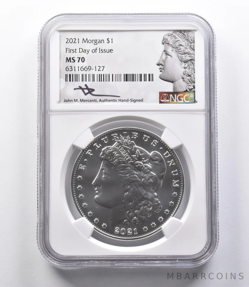 MS70 2021 Morgan Silver Dollar FDOI Mercanti Signed NGC a2708