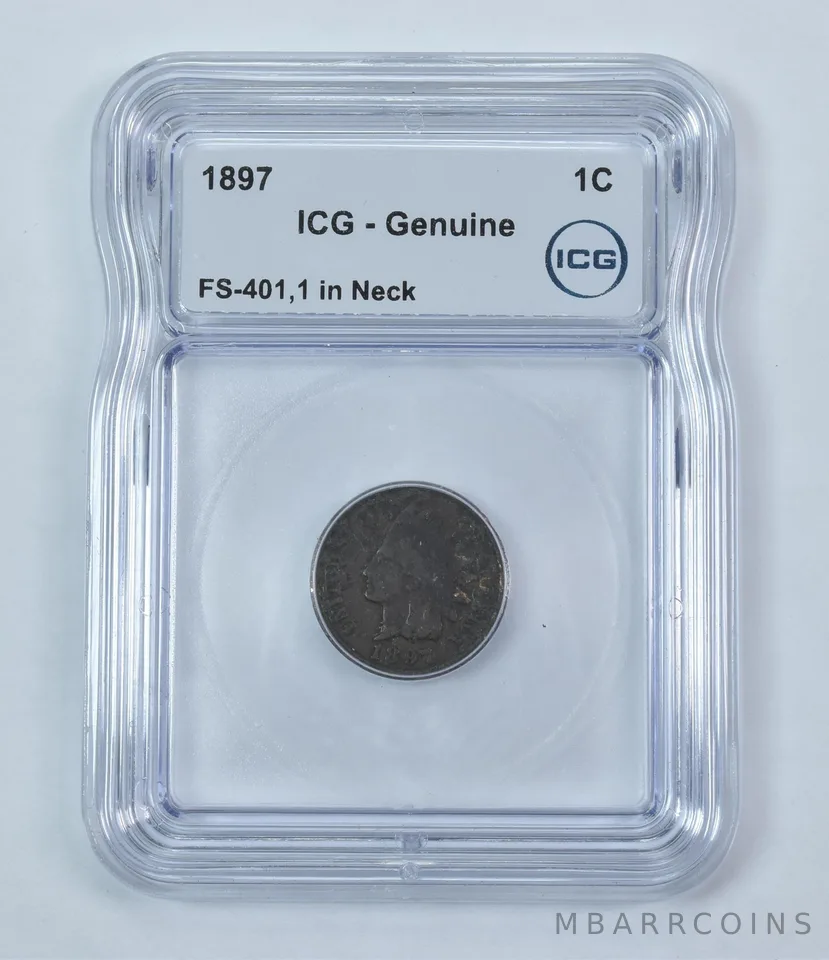 Error 1897 Indian Head Cent FS-401 1 In Neck Genuine ICG *9247