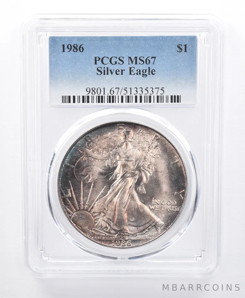 1986 American Silver Eagle MS67 PCGS Blue/Purple Tone *8627
