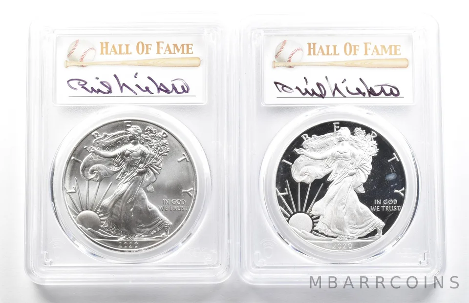 Lot (2) 2020-S/(S) American Silver Eagle Niekro FDOI PR70DCAM/MS70 PCGS a0642