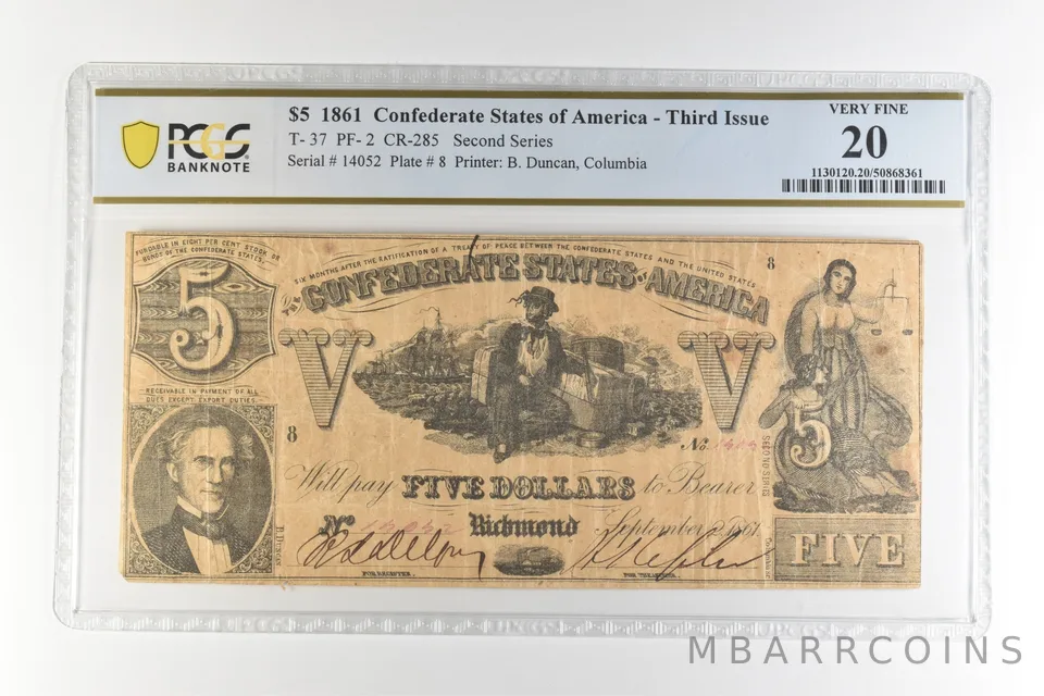 1861 $5 Confederate States America T-37 PF-2 CR-285 Very Fine 20 PCGS *4505