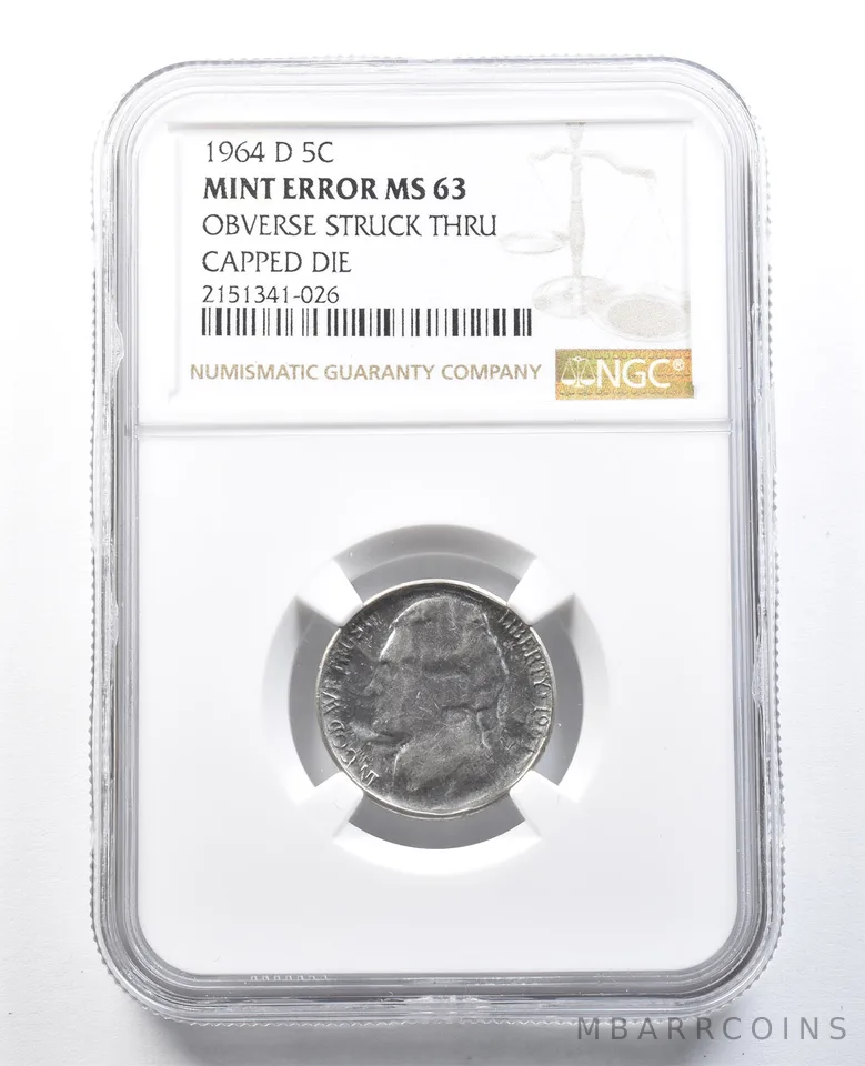1964-D Jefferson Nickel Mint Error Obverse Struck Thru Capped Die MS63 NGC *8266