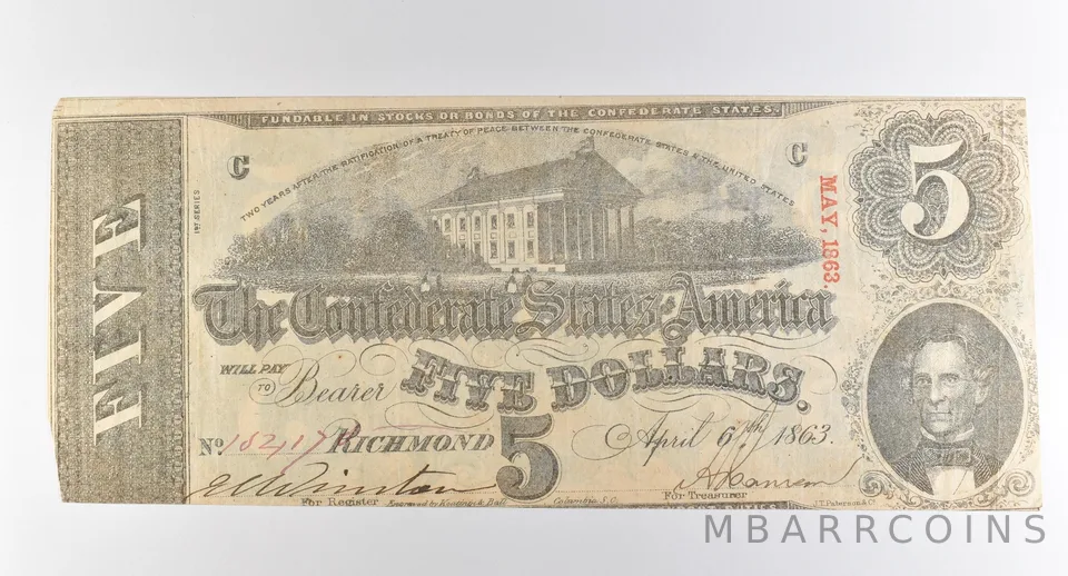 1863 $5 Richmond VA Confederate States Of America Obsolete Note *3877