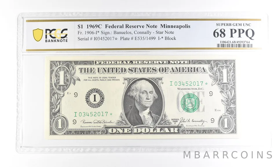 1969 C $1 Minneapolis MN FRN Star Fr#1906-I* Superb Gem Unc 68 PPQ PCGS a2886