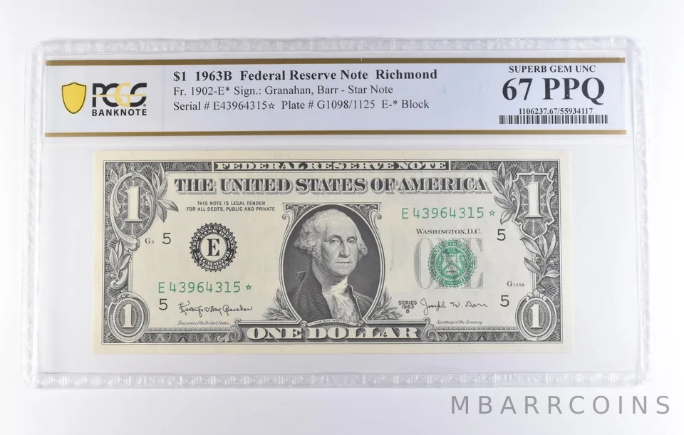 1963 B $1 Richmond VA FRN Star Note Fr#1902-E* Superb Gem Unc 67 PPQ PCGS *8285