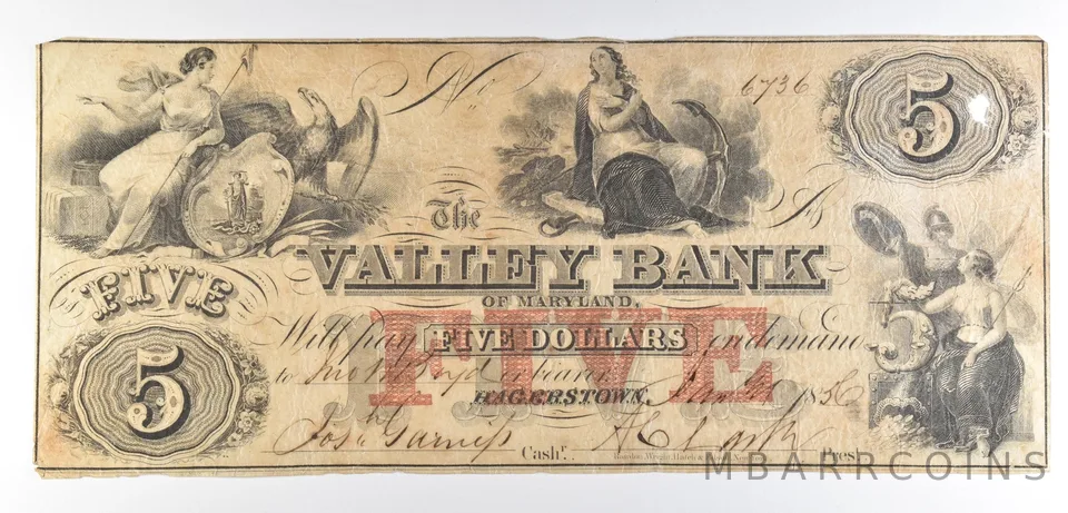 1856 $5 Hagerstown MD Valley Bank Obsolete Note *8523
