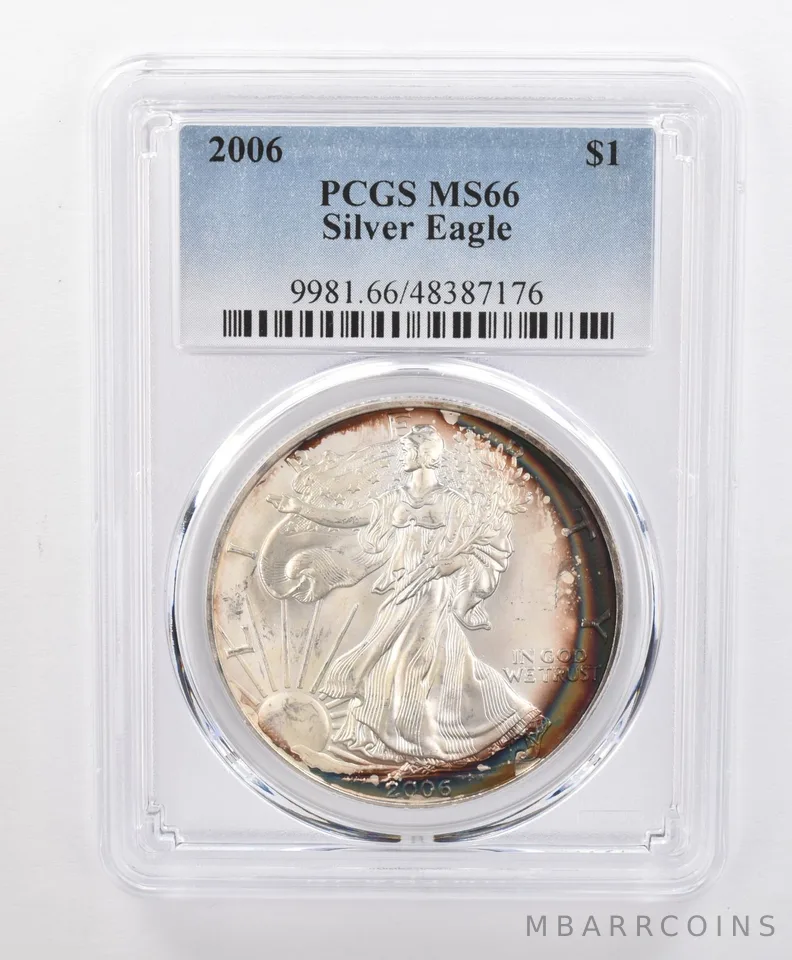 MS66 2006 American Silver Eagle PCGS Rainbow Crescent Toning a1221