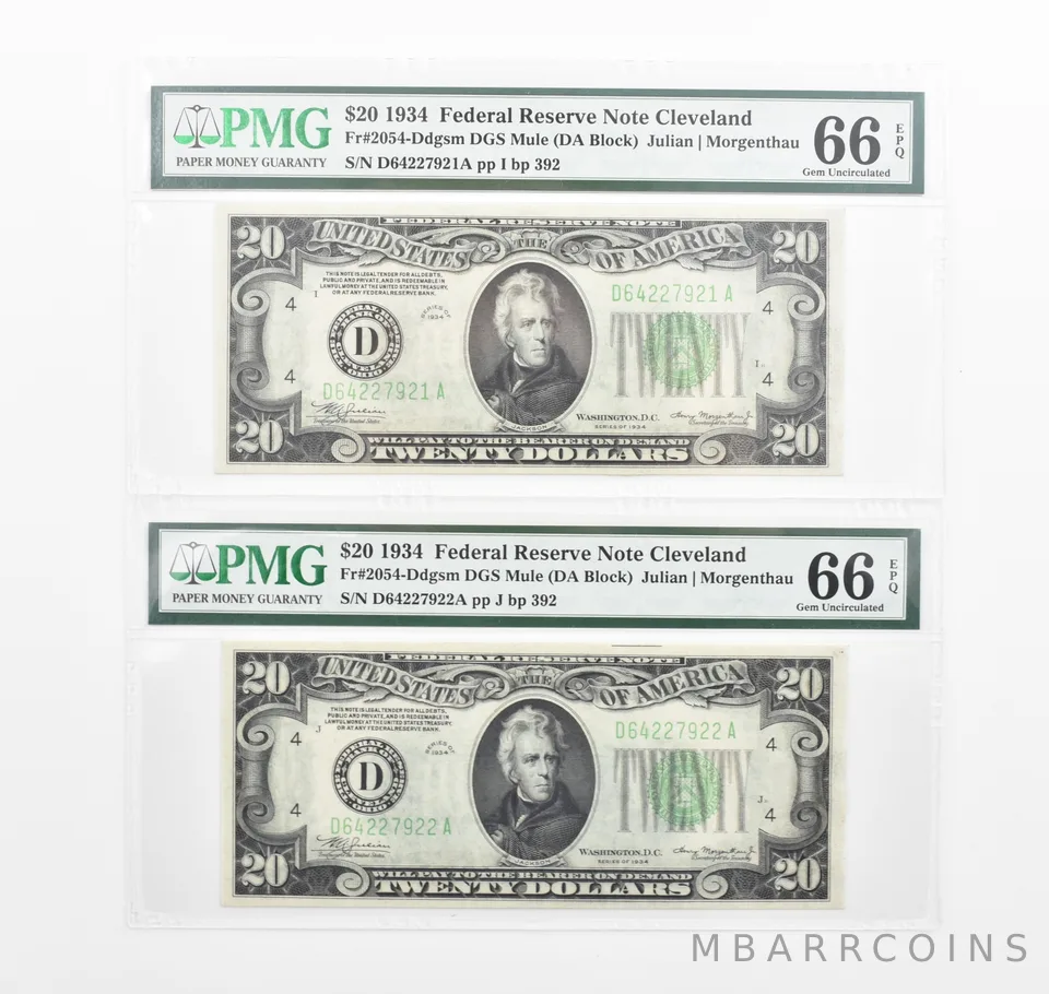 Lot (2) PMG 66 EPQ 1934 $20 FRN Consecutive Notes Fr#2054-Ddgsm *1151
