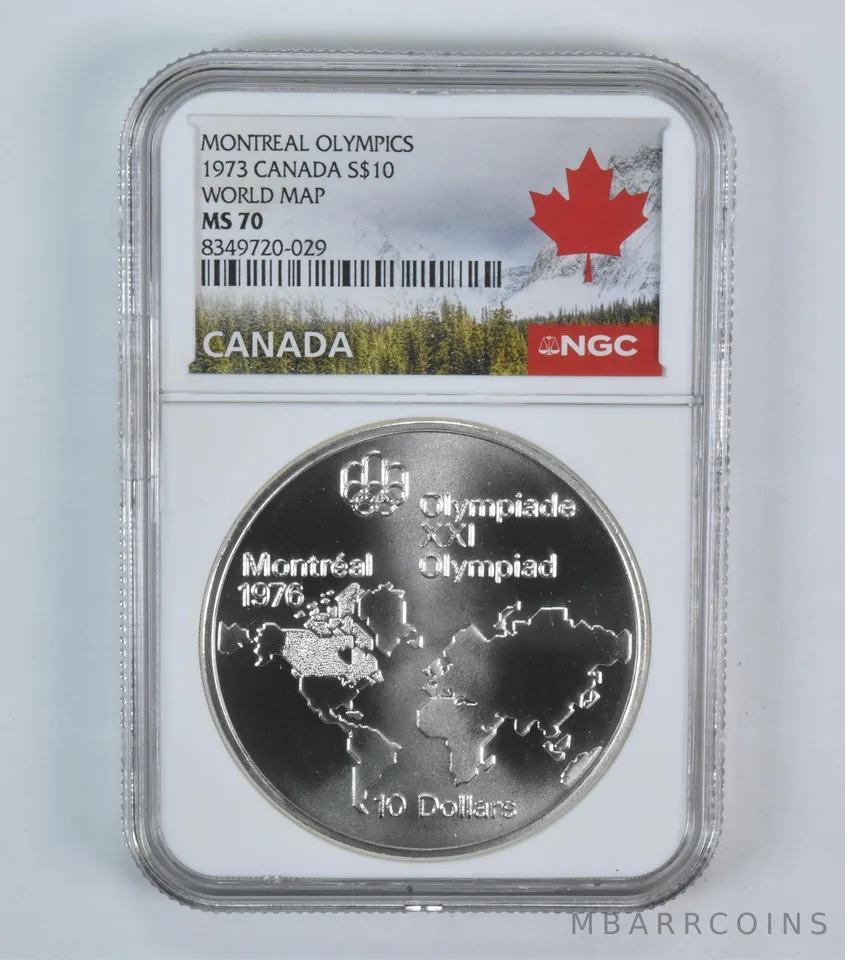 1973 Canada 10 Dollars Silver Olympic World Map MS70 NGC Canada Lbl