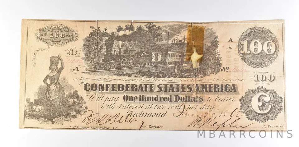 1862 $100 Confederate States Of America T-39 Large Note *8610