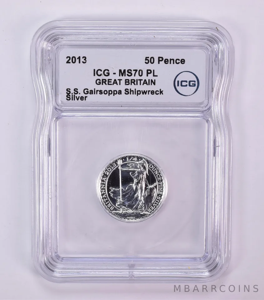 2013 Great Britain 50 Pence Silver SS Gairsoppa Shipwreck 1/4 Oz MS70 PL ICG
