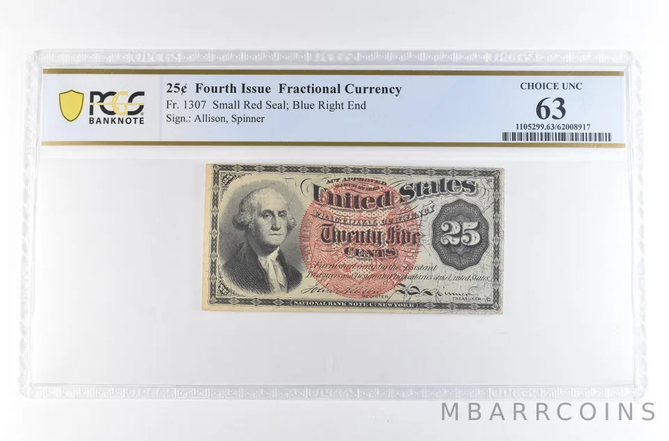 US Fractional Currency 4th Issue 25 Cents Fr#1307 Small Red Seal 63 PCGS *2352