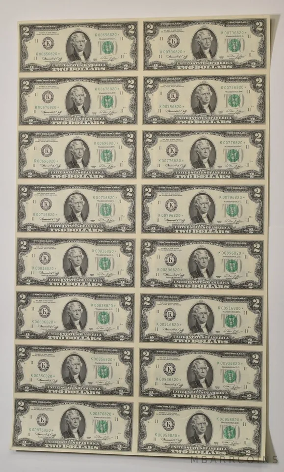 Lot (16) 1976 $2 Dallas TX FRN Star Note Green Seal Uncut Sheet Star a5914