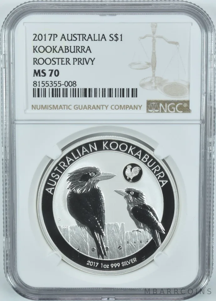 2017 P Australia 1 Dollar Silver Kookaburra Rooster Privy MS70 NGC