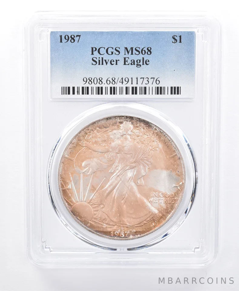 1987 American Silver Eagle MS68 PCGS Purple/Orange Tone *8601