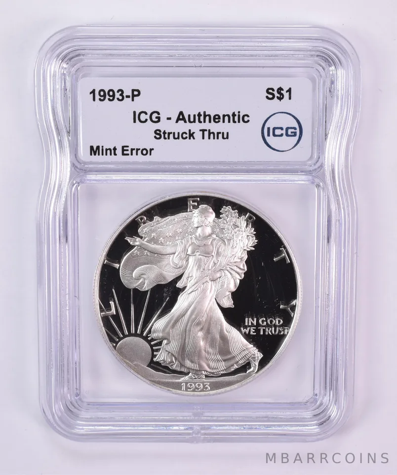 1993-P American Silver Eagle Mint Error Struck Thru Authentic ICG