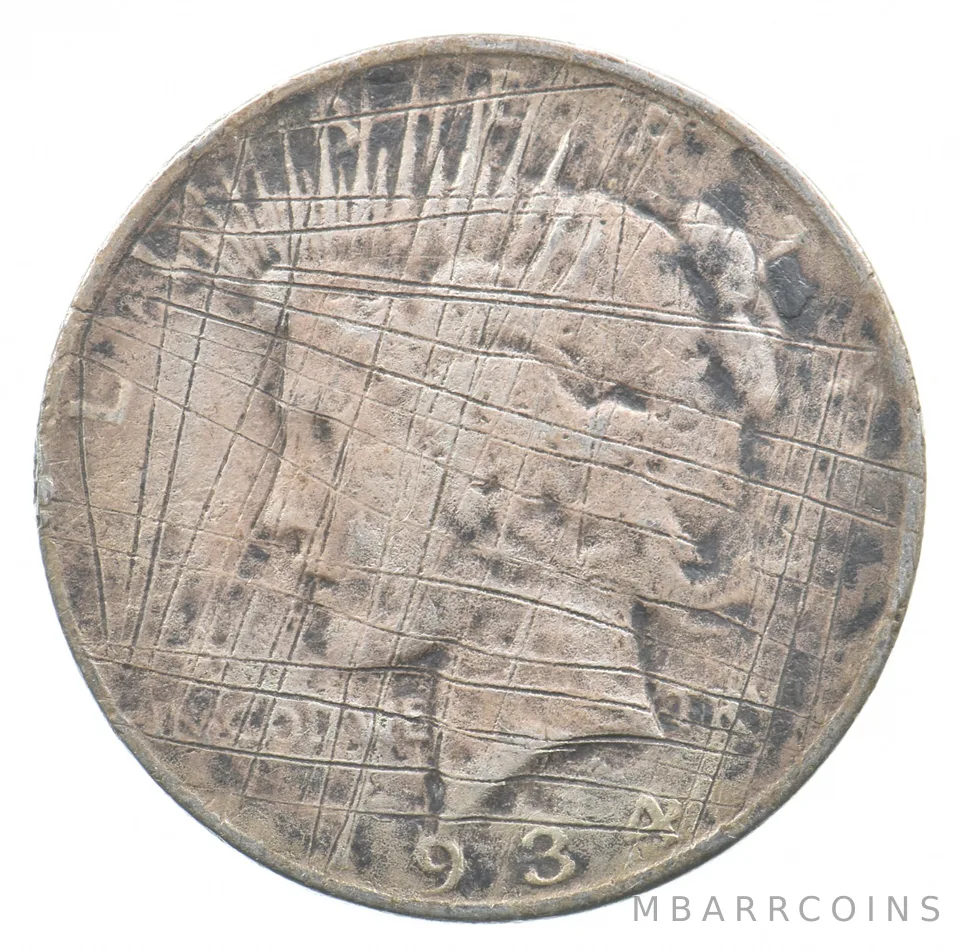 1934-D Peace Silver Dollar Crosshatched Spider Web Hobo Engraved *7584