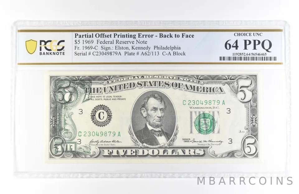 1969 $5 64 FRN Partial Offset Print Error Back To Face Fr#1969-C PPQ PCGS *5832