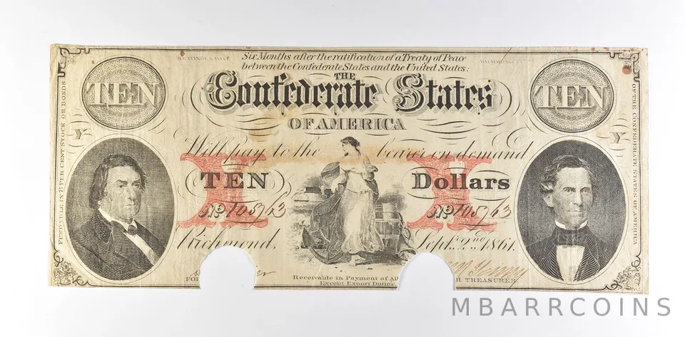1861 $10 Confederate States Of America T-26 Large Note *8559