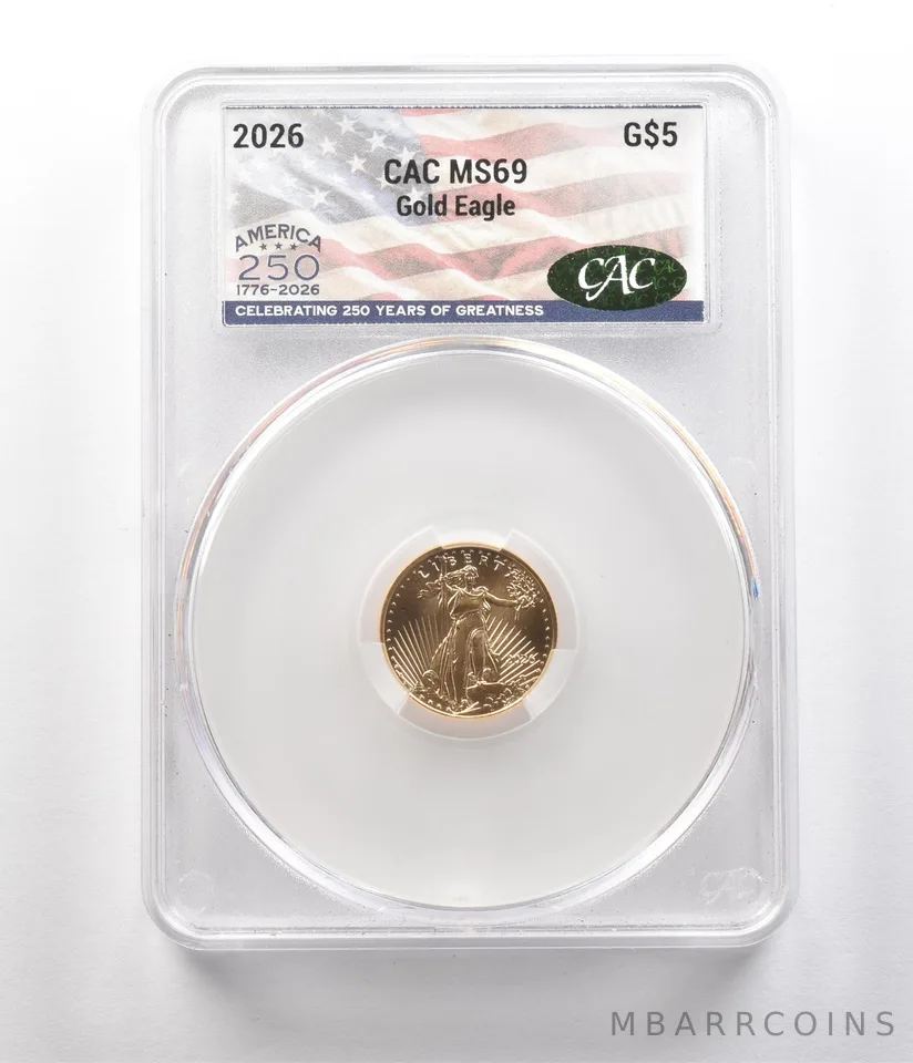 2026 $5 American Gold Eagle 1/10 Oz Gold MS69 CAC CACg *2627
