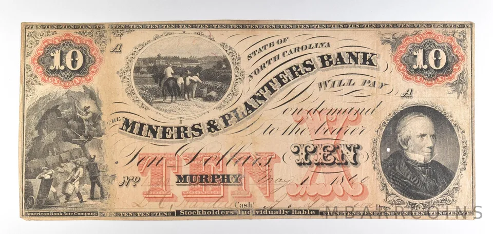 1860 $10 Murphy NC Miners & Planters Bank Obsolete Note *8736