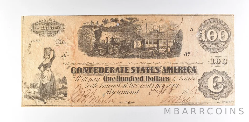 1862 $100 Confederate States Of America T-40 Large Note *8618
