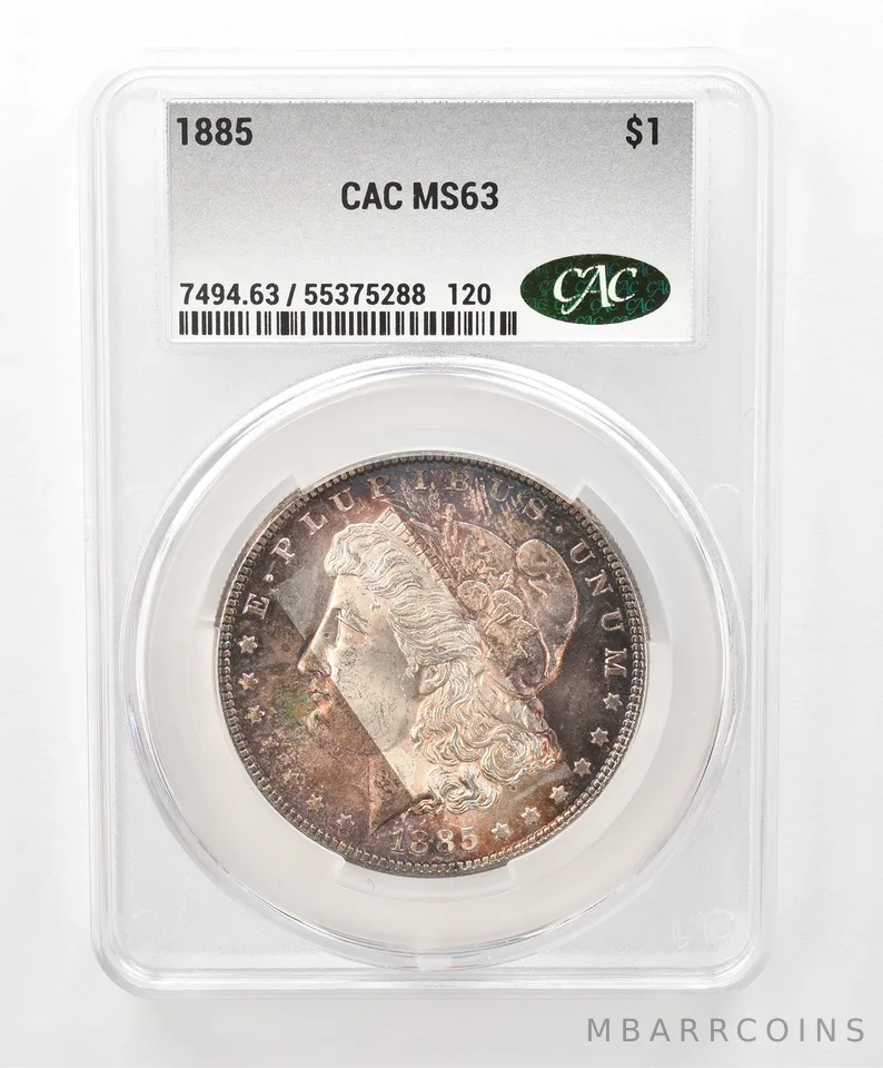 1885 Morgan Silver Dollar MS63 CAC CACg Beautiful Tone *6613