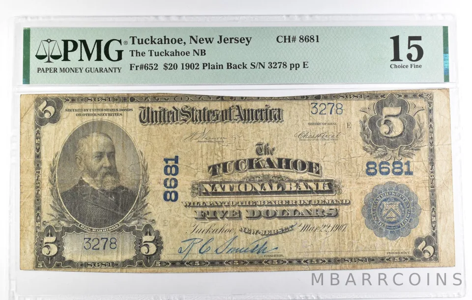 1902 $5 Tuckahoe NJ National Bank 8681 Fr#652 Large Note 15 Fine PMG *8503