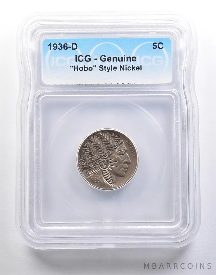 1936-D Indian Head Buffalo Nickel "Hobo" Style Genuine ICG *6582