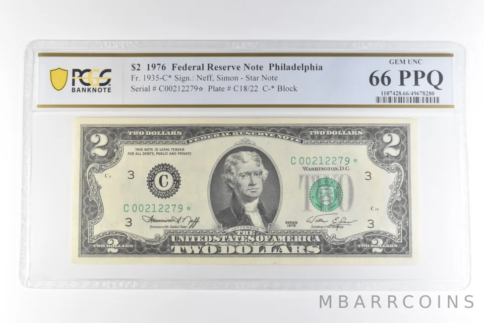 1976 $2 Philadelphia PA FRN Fr#1935-C* Star Note Gem Unc 66 PPQ PCGS *0679