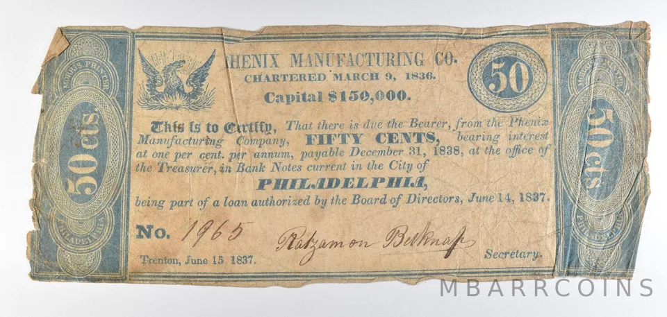 1837 50 Cents Philadelphia PA Phenix Manufacturing Co Obsolete Note *8665