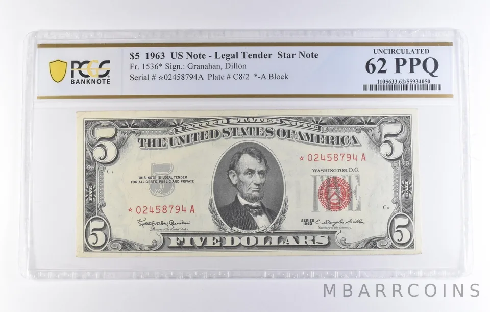 1963 $5 Legal Tender Star Note Fr#1536* Uncirculated 62 PPQ PCGS *8316