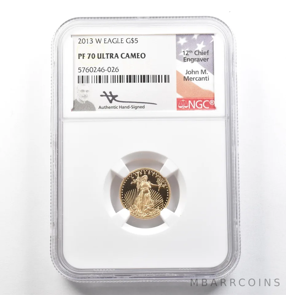 2013-W $5 American Gold Eagle Mercanti 1/10 Oz PF70 UCAM NGC a0099