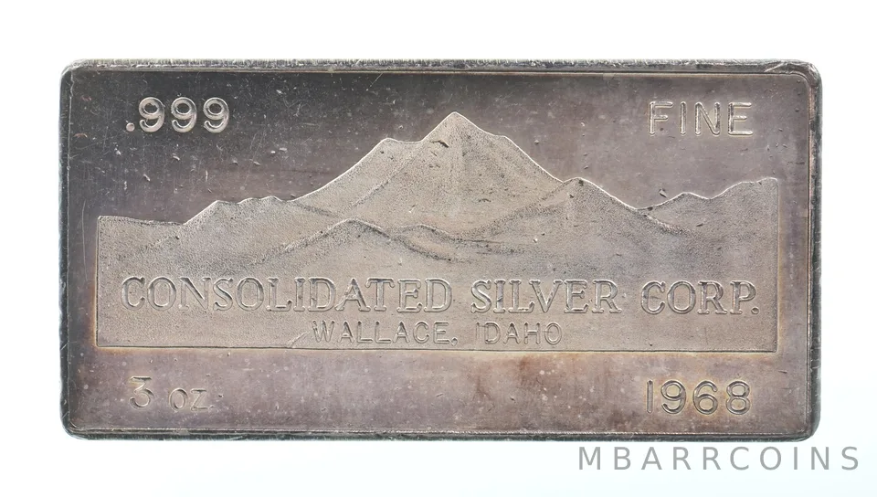 1968 3 Oz Silver Bar Consolidated Silver Corp Beautiful Tone *9570