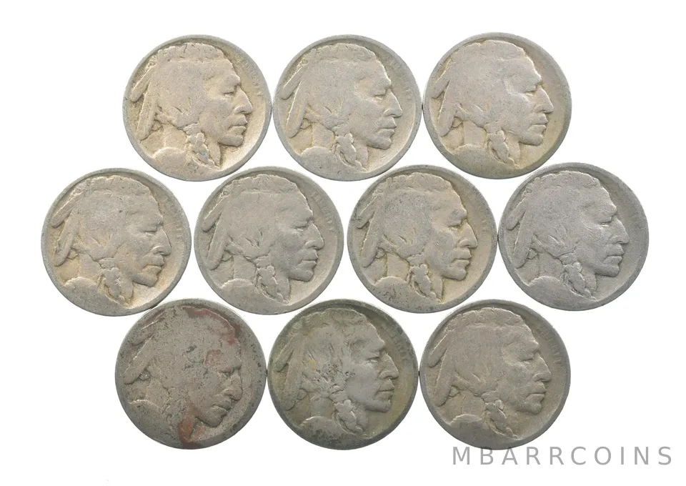 Lot 10 5c RAISED GROUND 1913 Buffalo Nickels First Year Issue! May be P/D/S *637