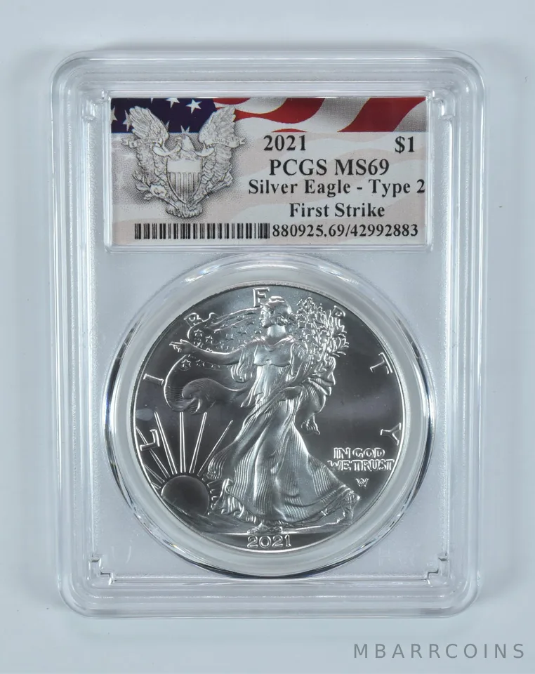 2021 American Silver Eagle Type 2 First Strike MS69 PCGS Flag Label
