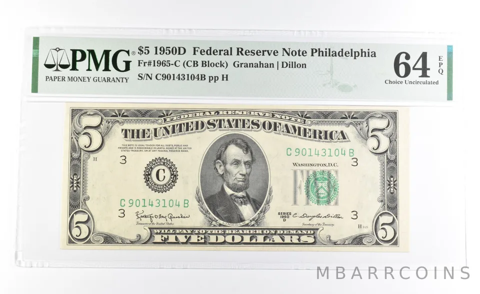PMG 64 CH Unc EPQ 1950 D $5 Philadelphia, PA US FRN Green Seal Fr#1965-C *1018