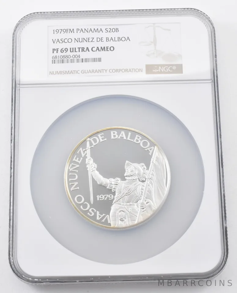 1979 FM Panama 20 Balboas Silver Vasco Nunez De Balboa PF69 UCam NGC Brown Lbl