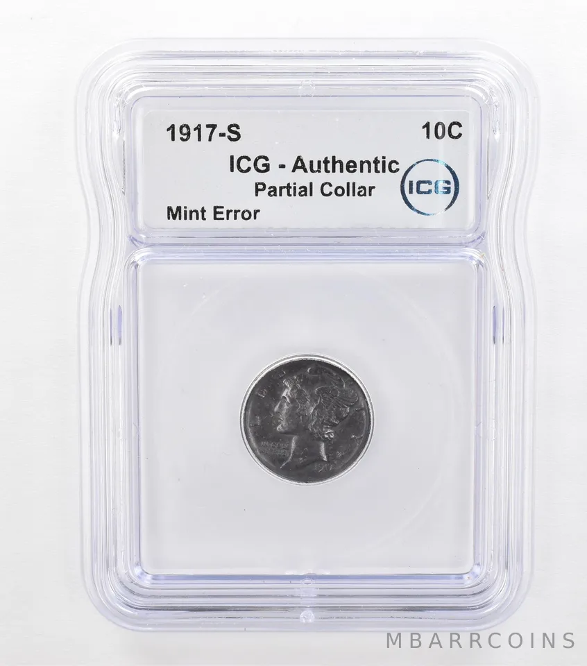1917-S Mercury Dime Mint Error Partial Collar Authentic ICG Beautiful Tone *3676