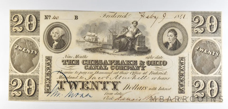1841 $20 Frederick MD Chesapeake & Ohio Canal Company Obsolete Note *8511