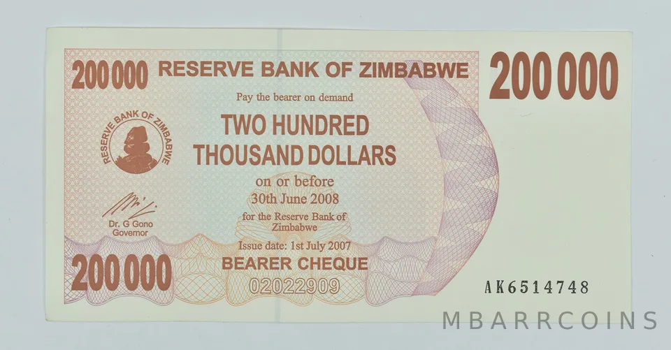 2007 Zimbabwe 200,000 Dollars Bearer Cheque
