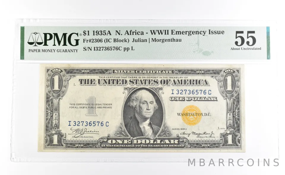 PMG 55 AU 1935 A $1 North Africa WWII Emergency Issue Yellow Seal Fr#2306 *1119
