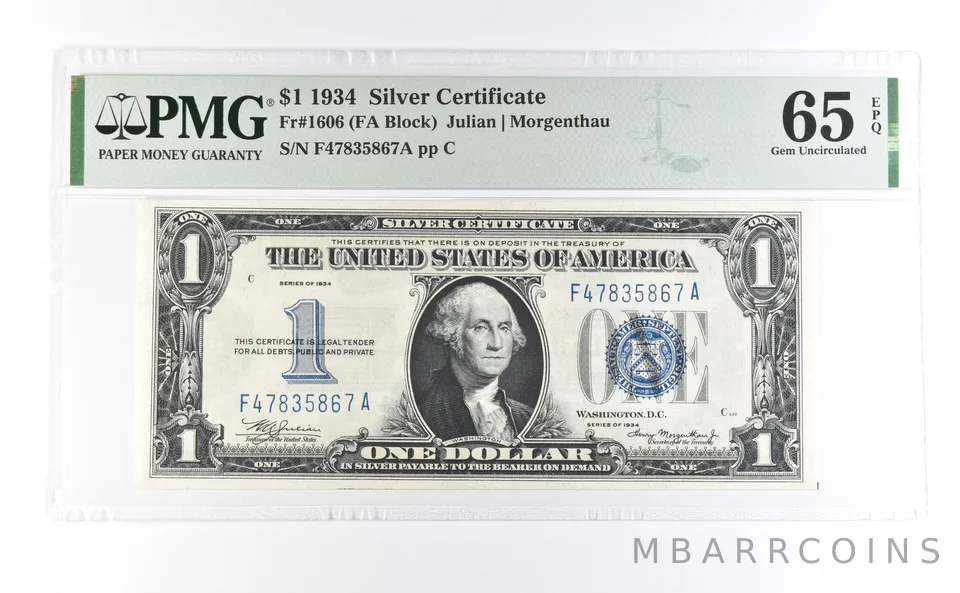 1934 $1 Silver Certificate Fr#1606 Gem Unc 65 EPQ PMG a7020