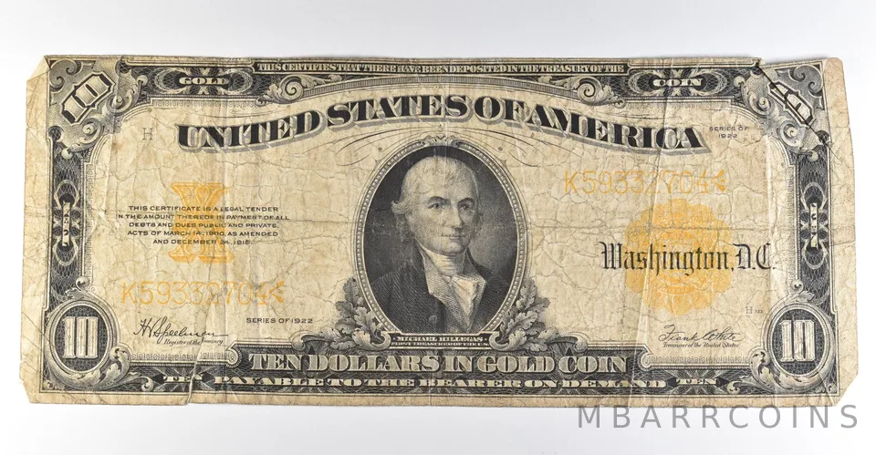 1922 $10 Gold Certificate Large Note Yellow Seal *8341