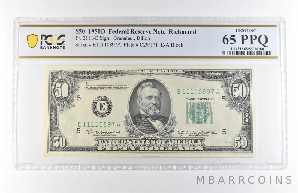 1950 D $50 Richmond VA FRN Fr#2111-E Gem Unc 65 PPQ PCGS *7881