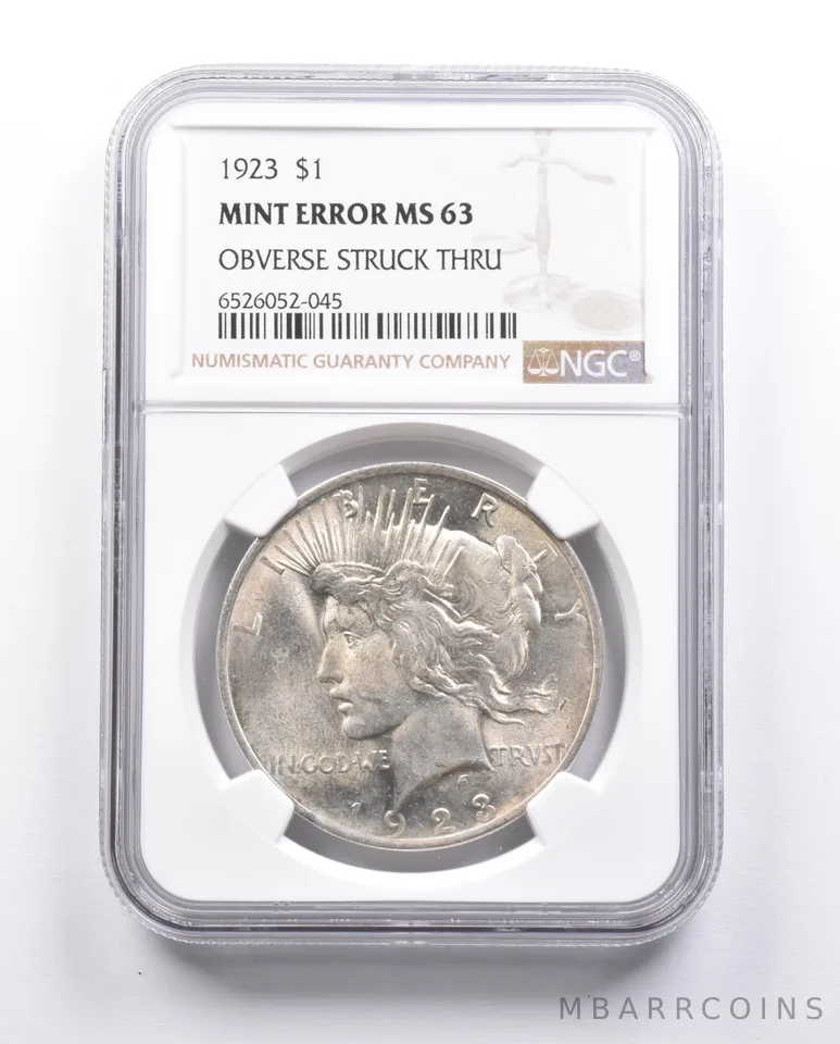 MS63 1923 Peace Silver Dollar Error OBV Struck Thru NGC *6651