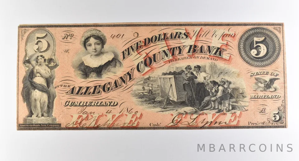 1860 $5 Cumberland MD Allegany County Bank Obsolete Note *3819