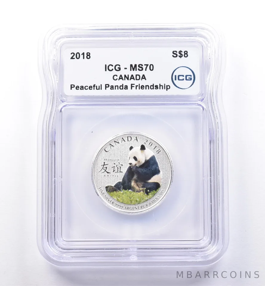 2018 Canada 8 Dollars Silver Peaceful Panda Friendship MS70 ICG Colorized *8644