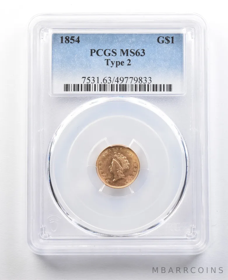 1854 $1 Indian Princess Head Gold Dollar Type 2 MS63 PCGS a5178